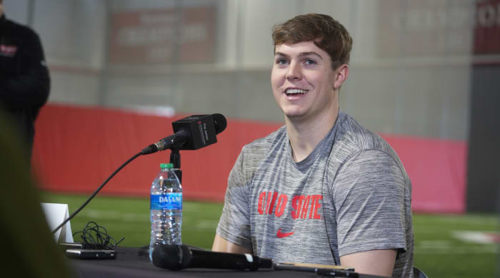 Quarterback Will Howard speaks to members of the Ohio State media for the first time.